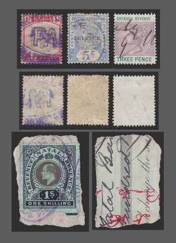 APPROX. 1900 JAMAICA NATAL BRITISH HONDURAS GRENADA REVENUE STAMPS 1P,3P,5P,1S