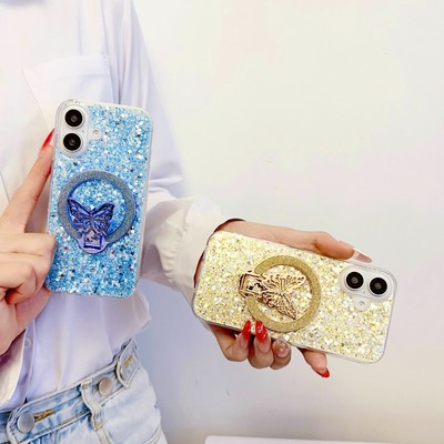 Magnetic Butterfly Holder Case Bling Girl Phone Cover Bracket For iPhone Samsung
