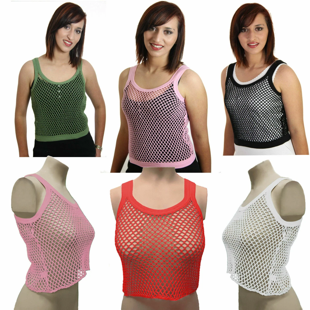 Ladies' Sexy Cropped String Vest Fish Net Mesh Transparent Vest Top S-XL