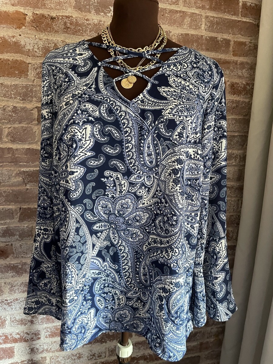 New! NY Collection Blue Paisley Blouse Long Bell Sleeves