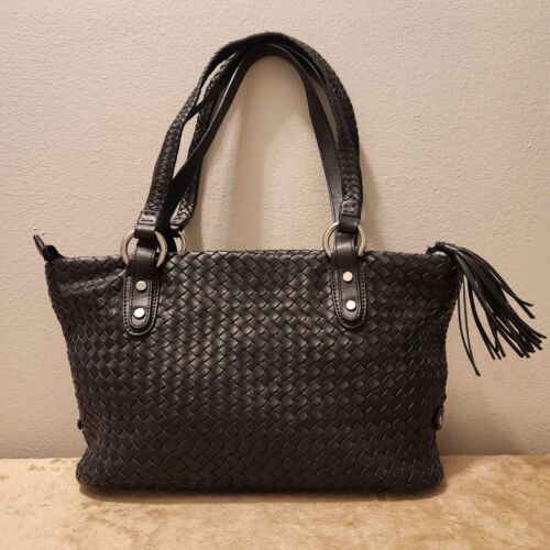 Diane Gail Black Leather Woven Handbag