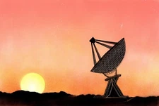 Satellite Dish Original Art against Bright Orange Skies by artist Jason Girard.