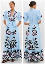 FARM RIO Blue Artisanal Short Sleeve Maxi Dress SZ S