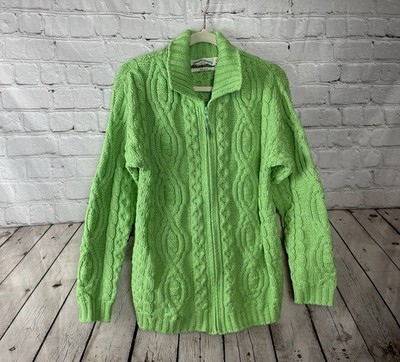 Aran Crafts Ireland XS Cardigan 100% Merino Wool Green Cable Knit Full Zip LKNW