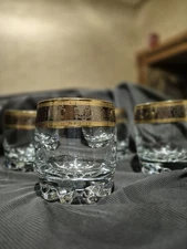 Double Old Fashion Glass Made In Turkey Passabach Vintage,  Gold Band Set Of 4