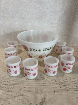 Fire King Tom Jerry Punch Bowl Set 8 Mugs Glass Holiday Egg Nog Red White