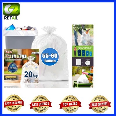 Unscented Clear Trash Bags 55-60 Gallon - Perfect for Heavy-Duty Use (20 Pack)