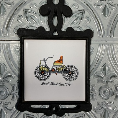 Vintage Homco Trivet Fords First Car 1896 Wall Decor Cast Iron Ceramic Plaque 70