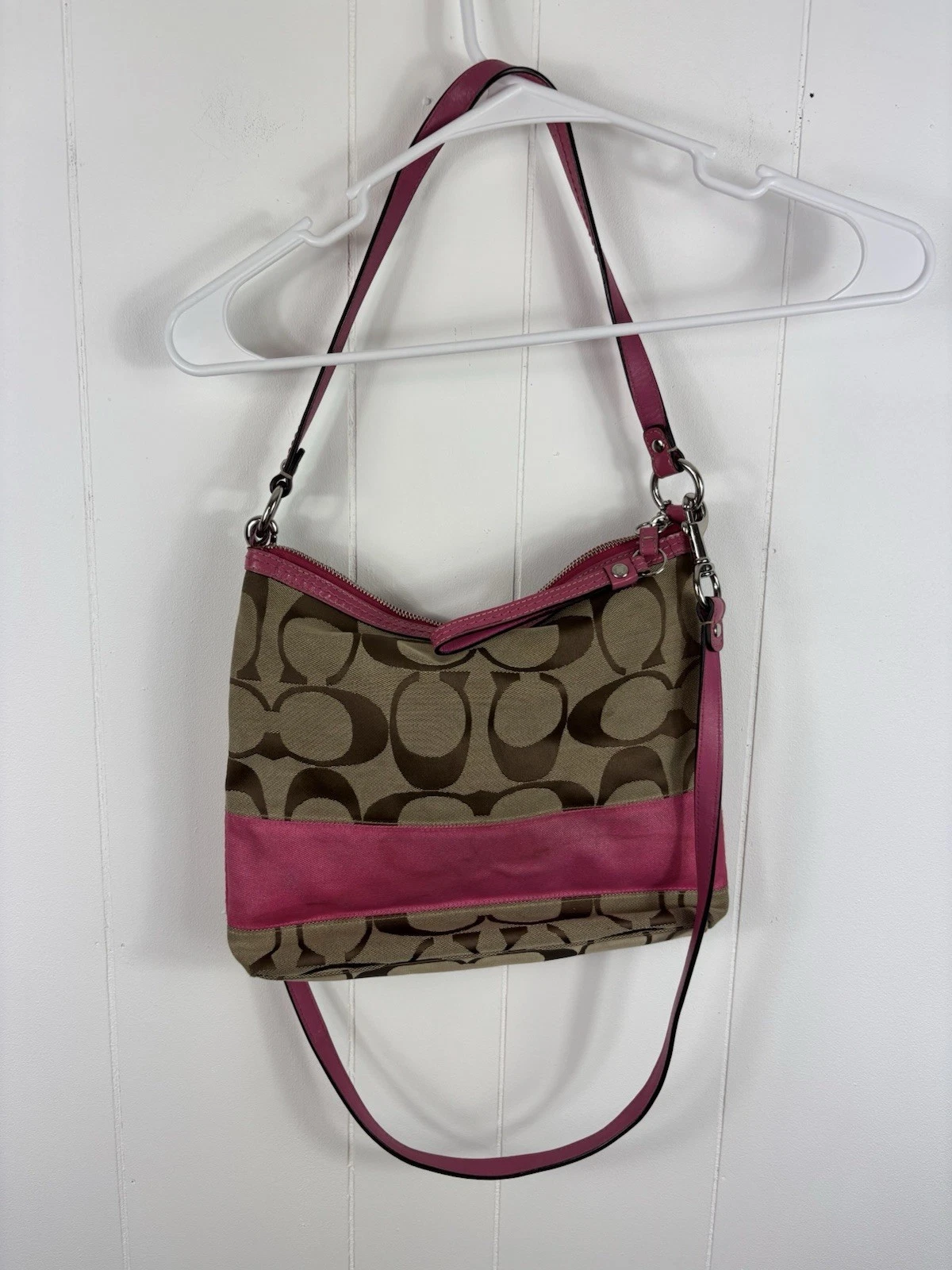 Borsa a tracolla Coach Signature marrone tela rosa righe chiusura cerniera vintage Y2K
