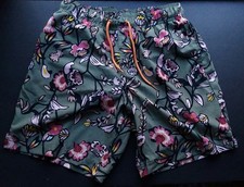 George Olive Drab Green Bright Floral Mesh Lined Beach Pool Swim Trunks Shorts