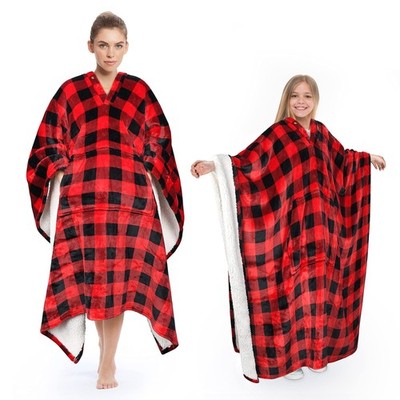 Red Buffalo Plaid Sherpa Wearable Blanket Super Soft Comfy Plush Fleece Ponch...