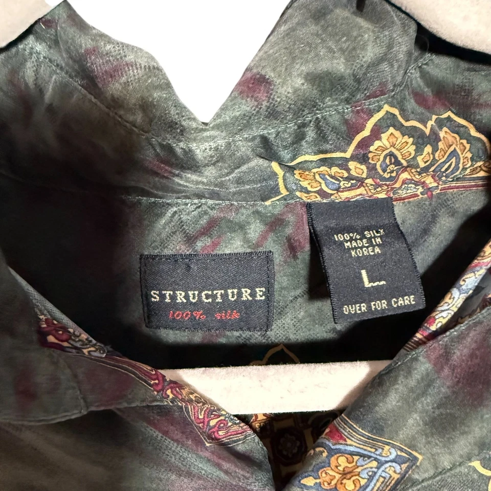 Vintage Structure 100% Silk Abstract Festival Button Down Shirt Men's Large - Image 2 of 4