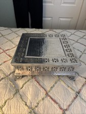 Vintage Silver 14" Square Cake Stand Display Party Riser With Cutouts. Aluminum