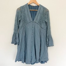 Altar'd State Dusty Blue Textured Dress Bohemian Style w Lace V Neck Medium