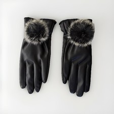 NIB Faux BlackLeather Gloves Faux Fur Pom Detail Mob Wife Aesthetic Women Size M
