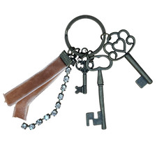 Skeleton Key Charm Keychain Metal Hearts Rhinestone Tassel Vintage Style