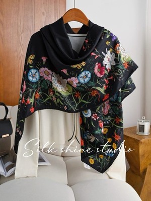 70% Wool 30% Silk Scarf Women Black Colorful Floral Shawl Winter Gift 53''
