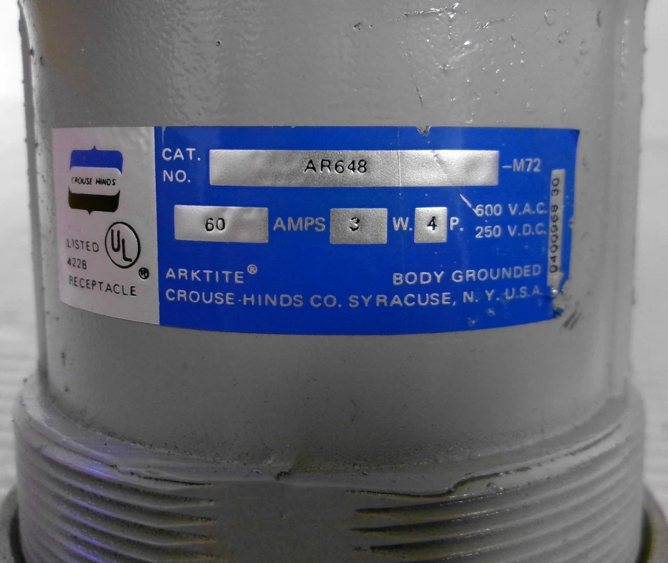 Crouse Hinds AR648 Arktite Body Grounded Receptacle 60A 3W 4P 600VAC 250VDC - Image 4 of 4