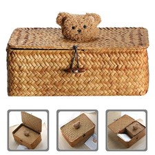 Woven Storage Basket with Lid Straw Organizer Cute Boxes for Countertop