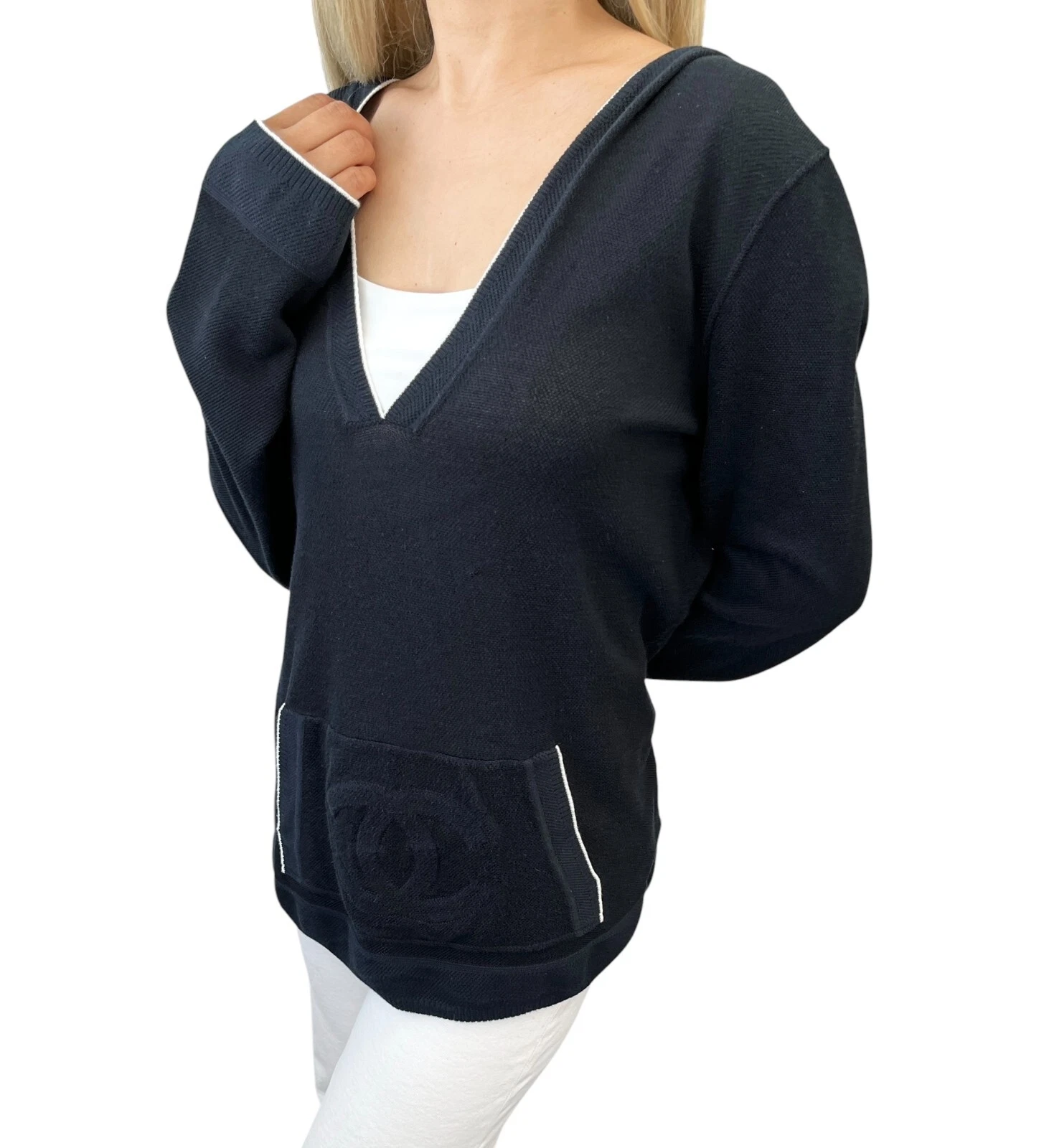 Maglia CHANEL Sport Vintage 09P CC Logo #42 Felpa con Cappuccio Blu Scuro Argento Rayon