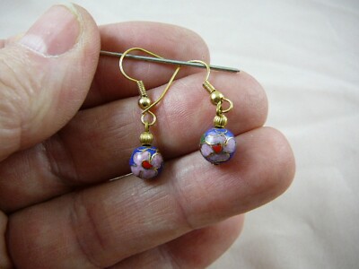 (EE600-86) 8mm Medium BLUE pink CLOISONNE bead dangle wire hook EARRINGS Jewelry