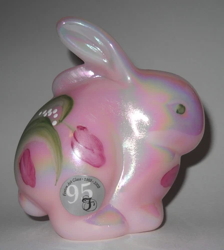 Fenton Iridized Rosalene Chubby Bunny Rabbit Figurine Tulips Signed 95th NOS