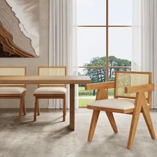 Set of 2 Rattan Dining Chairs Solid Wood Frame Vintage Accent Chairs for Kitchen