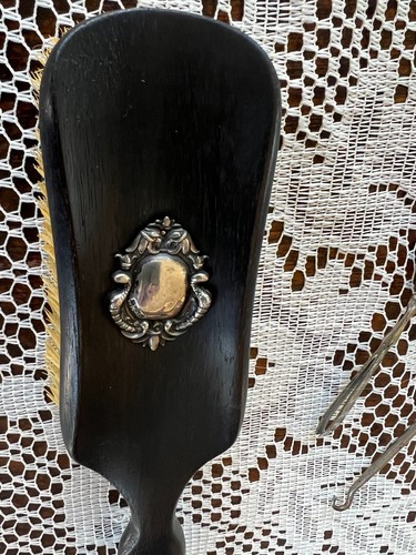 Late 1800's 3-piece Vanity / Dresser Set, Ebony Wood w Sterling Silver Appliqué - Picture 2 of 3
