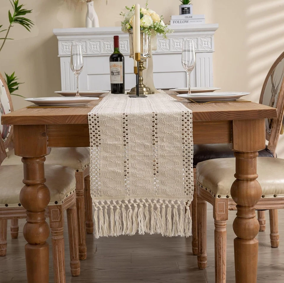 Rustic Woven Cotton Linen Dining Table Runner w/ Tassel Wedding Party Home Decor - Image 3 of 4