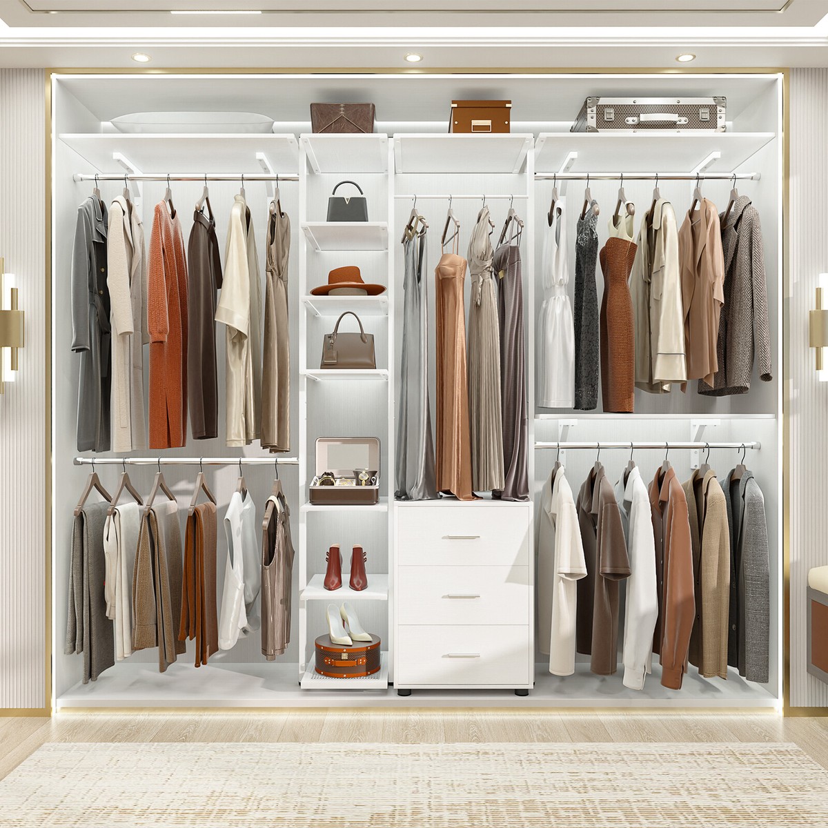 96'' Closet System with 3 Wooden Drawers and 5 Hanging Rods and
