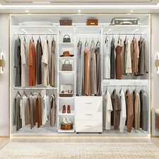 96'' Closet System with 3 Wooden Drawers and 5 Hanging Rods and Storage Shelves