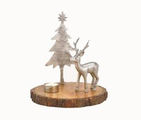 Deko Hirsch, Baum U. Teelichthalter Aus Metall Auf Mangoholzstamm,23X25X23 Cm