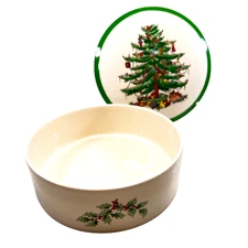 Spode Christmas Tree Round Bon Bon Covered Dish Made in England 5" Green Trim
