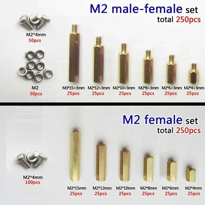 250pcs Assortment Kit Solid Brass M2 M3 Hex Column Standoff Spacer Screw Nut PCB