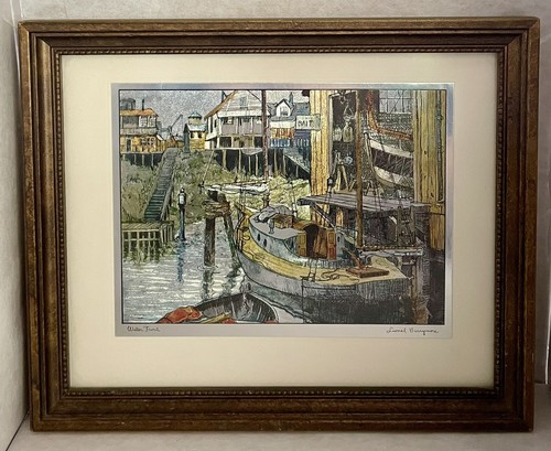 "Water Front" Vintage Foil Etching Lionel Barrymore Signed Framed Village - Picture 2 of 8