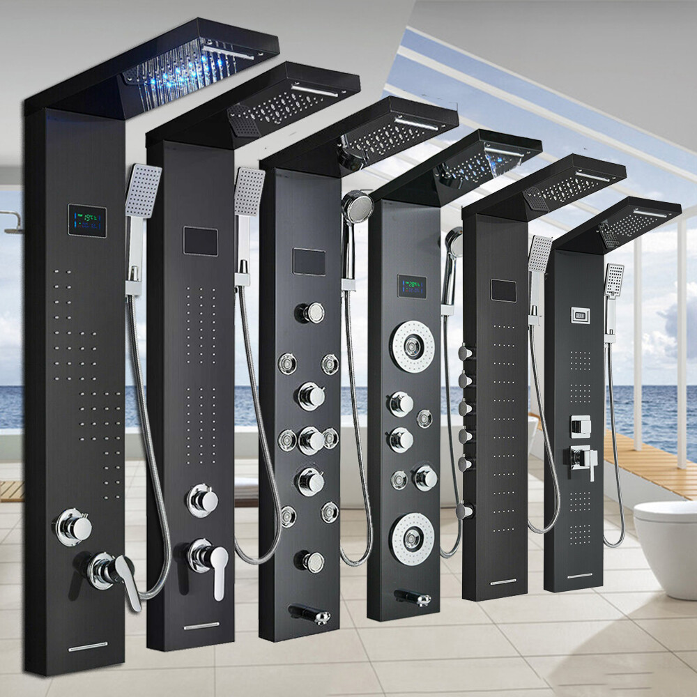 Stainless Steel Shower Panel Tower System LED Rain&Waterfall w/Massage