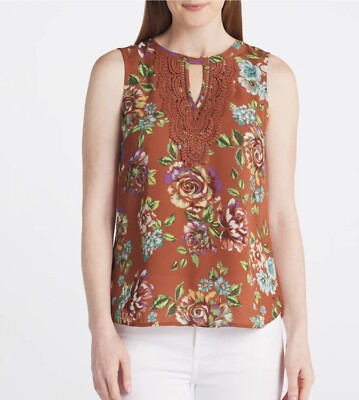NWT Daniel Rainn Womens Quin Keyhole Crochet Top Medium Floral Burnt Orange