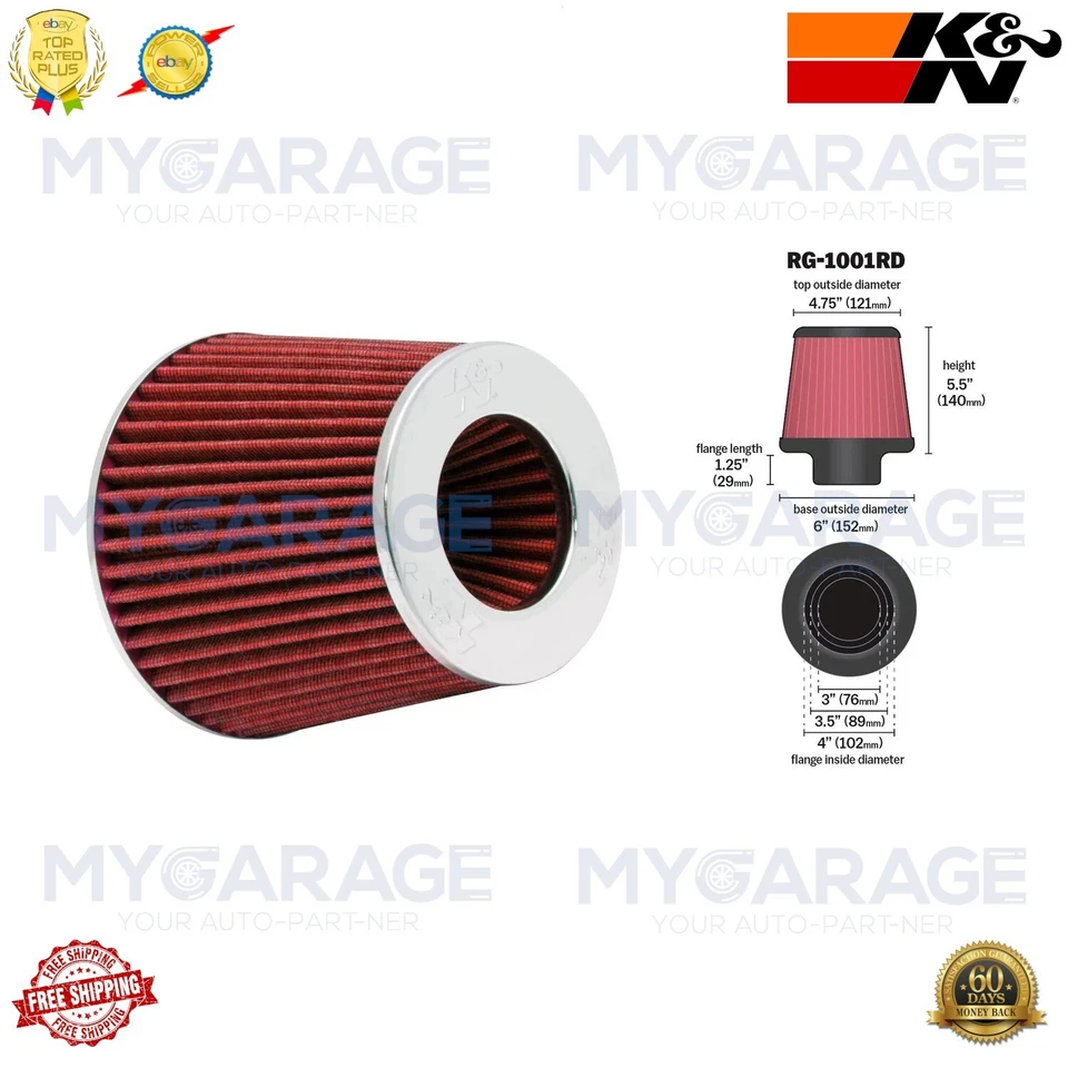 K&N 3" to 4" Round Tapered Universal Air Intake Cone Filter Chrome RG-1001RD - Image 2 of 4