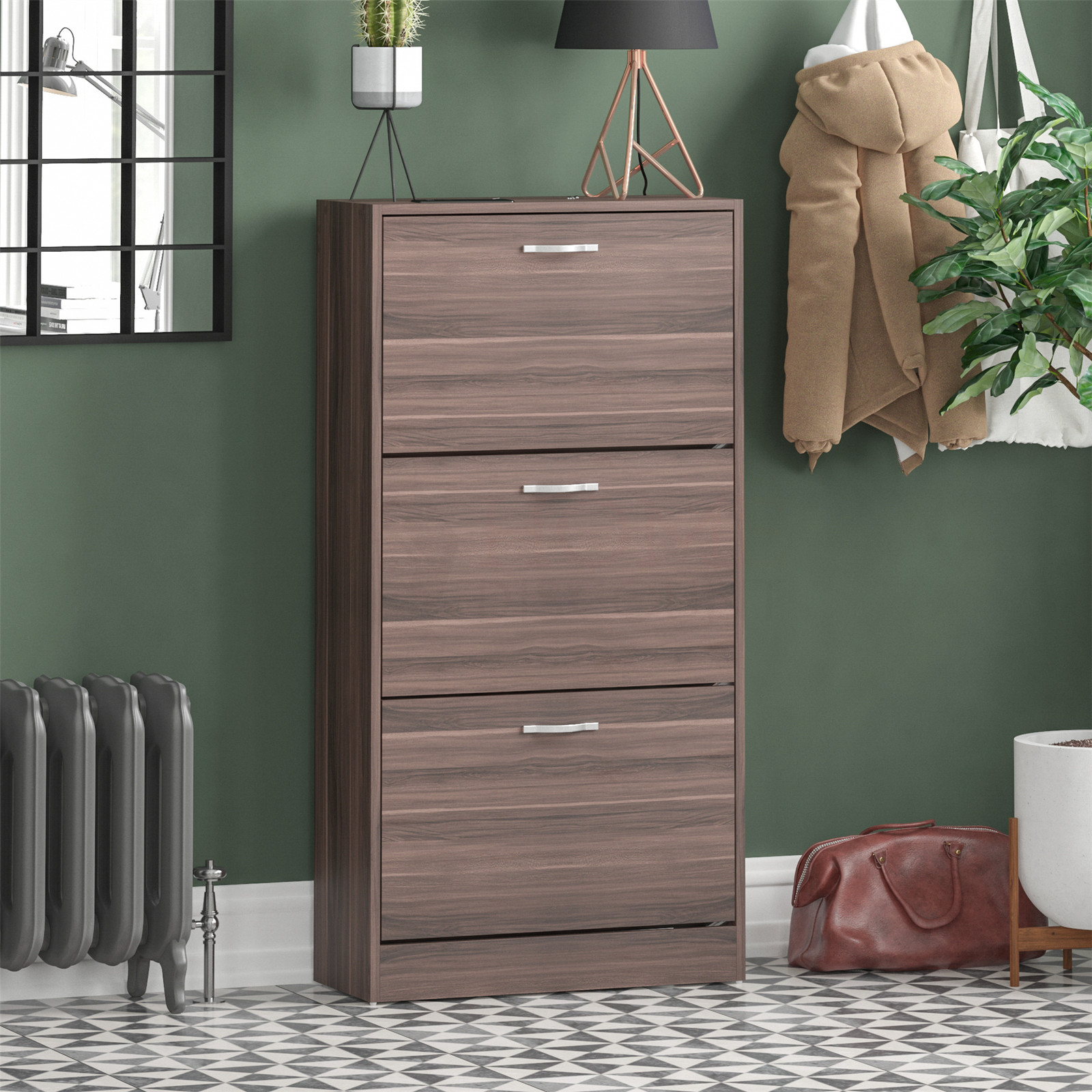 Shoe Cabinet 3 Drawer Walnut Wood Cabinet Rack Hallway Organiser Unit
