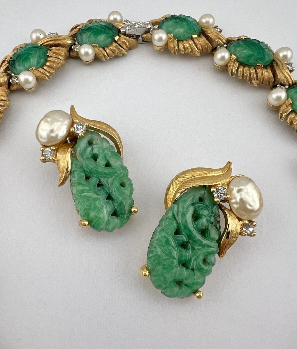 Joseph Mazer Gold Tone Carved Green Jade Glass & Pearl