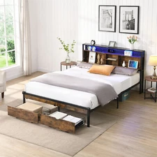 Full/Queen/King Size LED Bed Frame Metal Platform Bed with Charging Station US