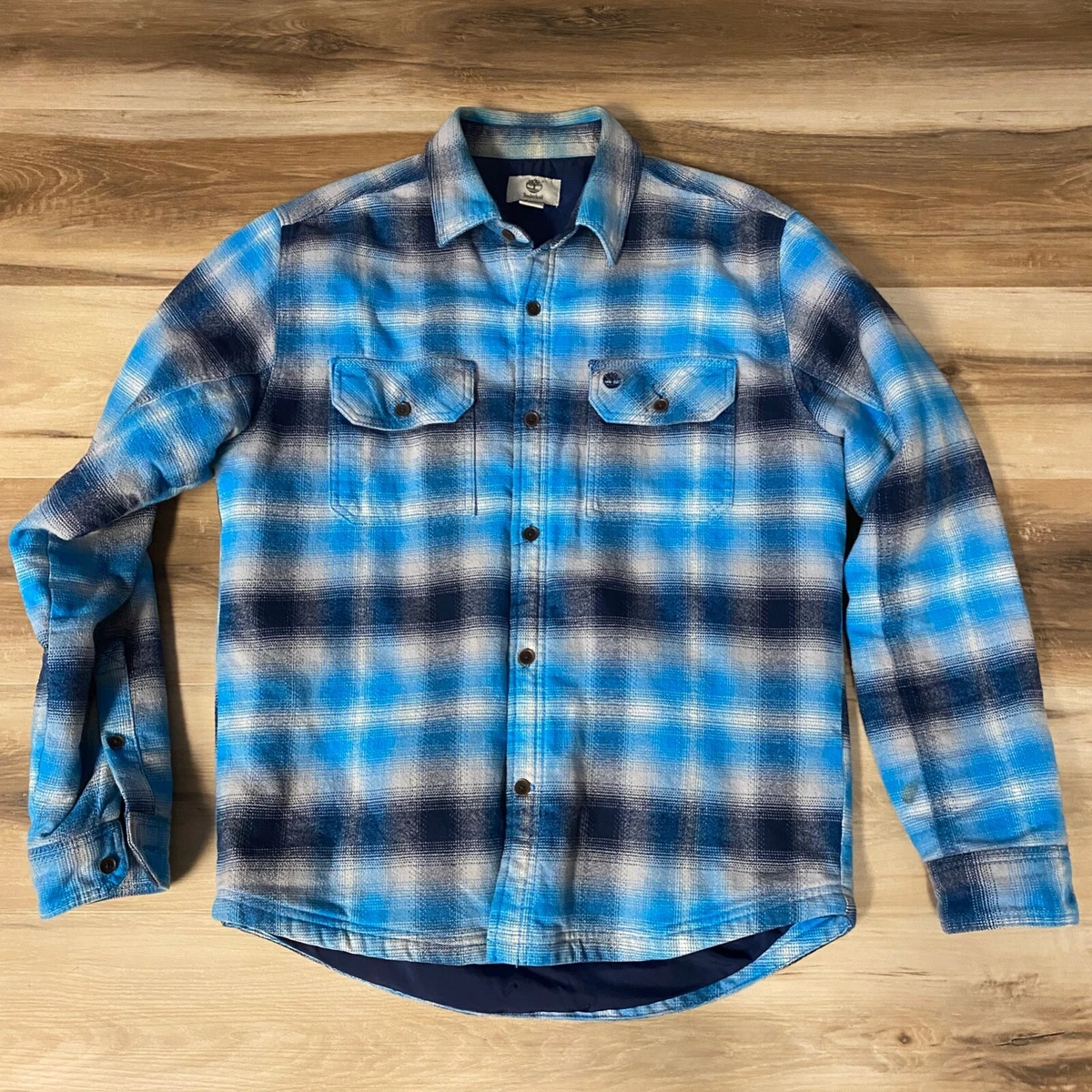 Timberland Shirt Jacket Mens Medium Flannel Quilt Lined Blue Plaid