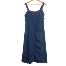 Chartou Women’s New Denim Midi Dress Medium A-Line Smocked Straps Button Detail