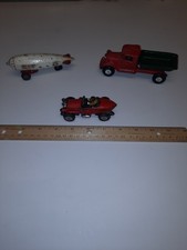  Cast Iron Toy Vintage Lot Of 3 Different Toys Dump Truck Zeppelin, Race Car 