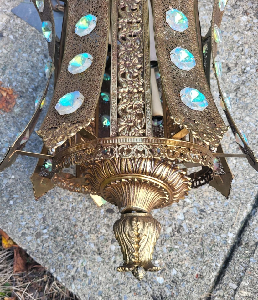 VTG MCM Regency Brass Filigree  Hanging Swag Light Chandelier AB Crystals - Image 3 of 4