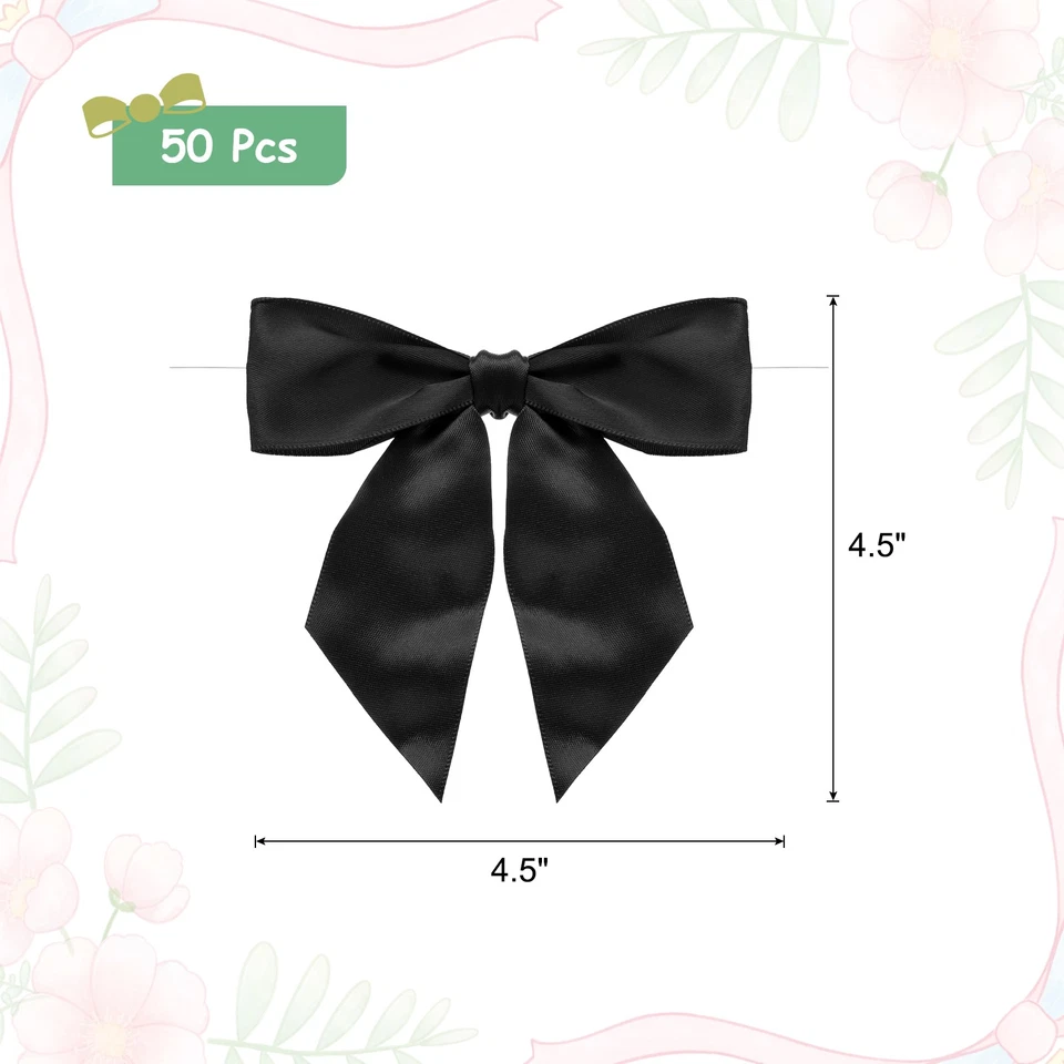 50 Pcs Pre-Tied Bows Satin Ribbon Bows 4.5" Twist Ties Gift Bows Black - Изображение 2 из 4