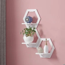 3pcs Hexagon Punch-Free Wall Shelves – Bedside Display, Plant Holder Organizer