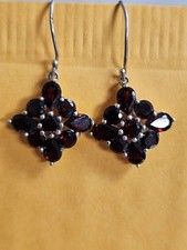 srebro sterling 925 Kropla Dangle Granat Kwiaty Kolczyki 1,5 " Długie 5 gramów