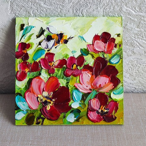 original oil painting Poppy Bee wildflowers artwork Floral mini wall art 4*4 in - Picture 9 of 12