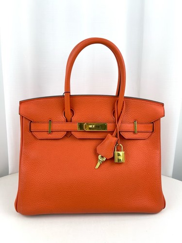 Hermes Birkin 30 Orange H Clemence Leather Gold Hardware Tote Handbag Auth